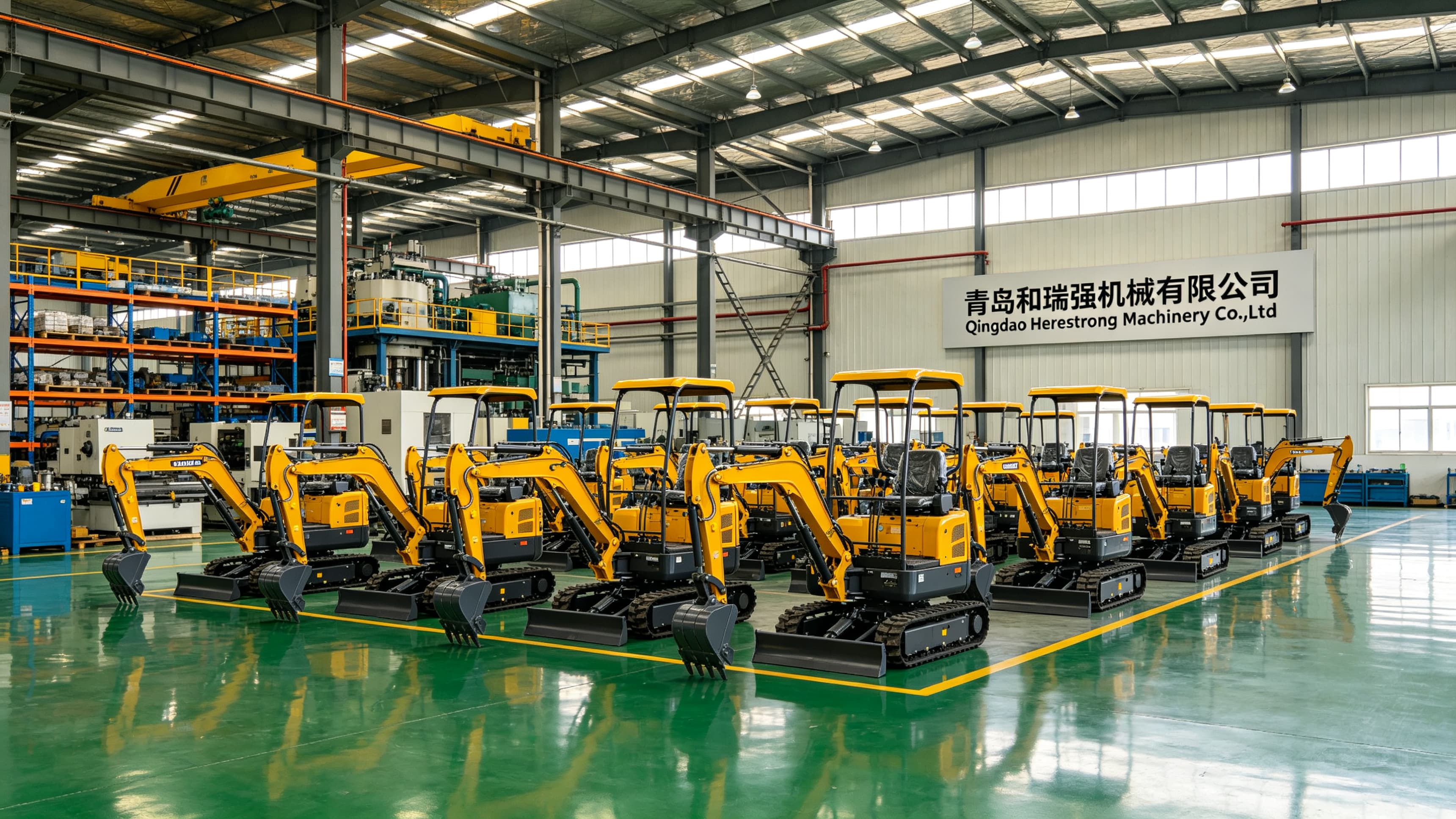 Yellow mini excavators assembled in the HERESTRONG workshop