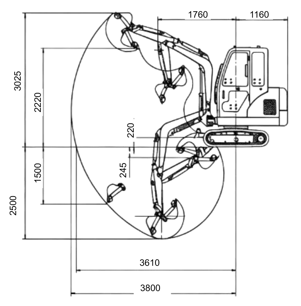 HS20 Working Range engineering drawing with original dimension markings