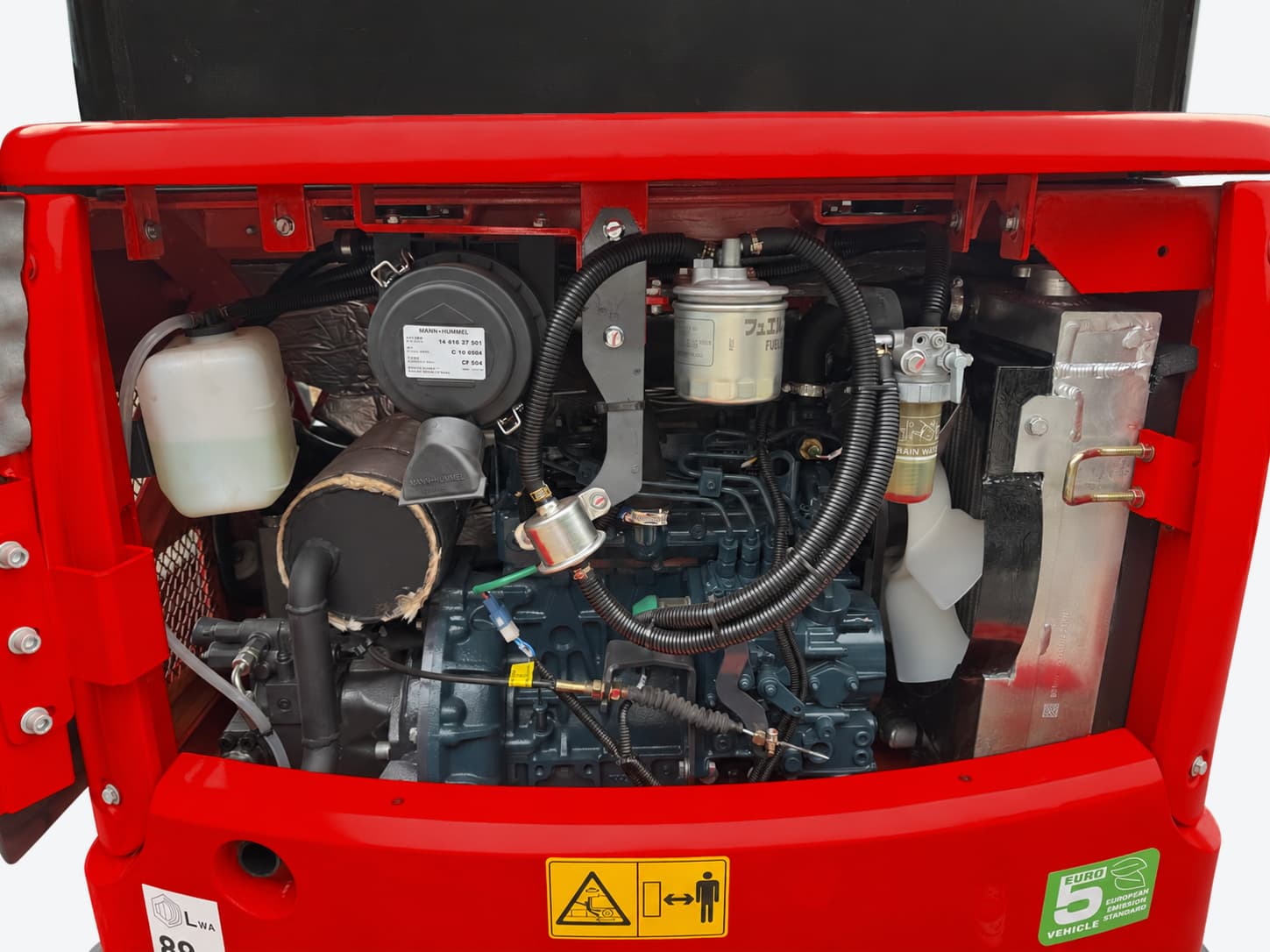 HS20 rear engine cover open, showing the engine compartment for maintenance